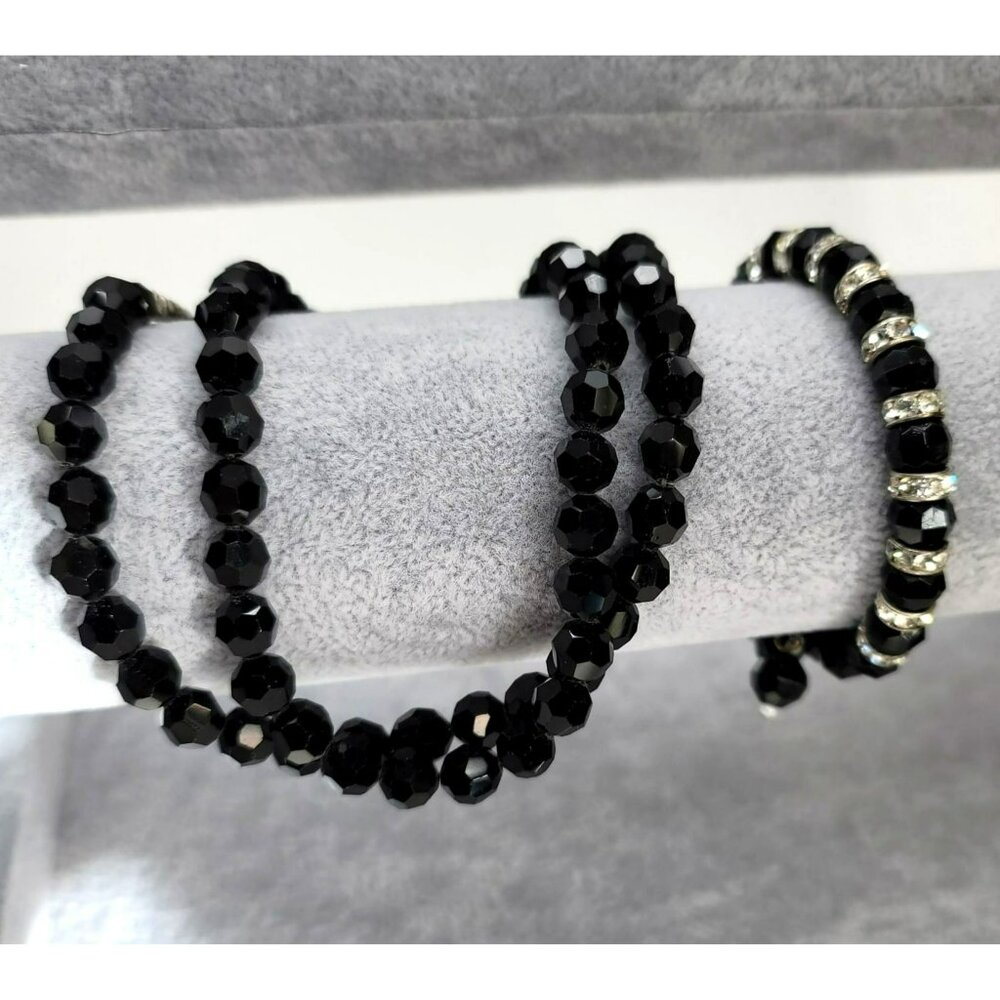 Black Glass Beaded Necklace and Bracelet Set Round Faceted Vintage Glam LI320